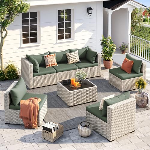 UDPATIO Outdoor Patio Furniture Set, 7-Piece PE Wicker Sectional Sofa with Tea Table, Outdoor Conversation Set for Patio, Garden, Backyard Green