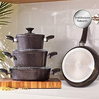 Karaca Biogranit cookware Set, Black/Gold, Induction Base, 7-Piece cookware Set, Non-Stick Coating, Pot pan Set with Glass lids, Dishwasher-Safe, Granite