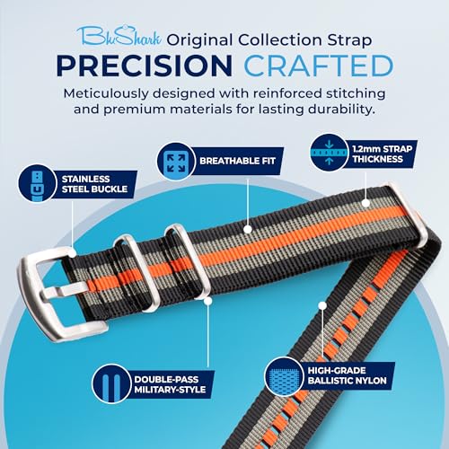 Image of BluShark - Original Collection Military-Style Waterproof Watch Strap, Fits All Timepiece Brands, Durable Nylon Wristwatch Accessories with Stainless Steel Buckle - 18mm, 20mm, 22mm & 24mm Watch Bands