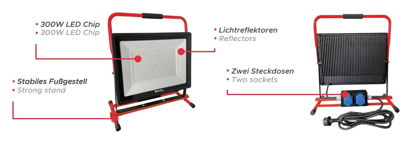 BOXTEC LED Baustrahler mit 2 STECKDOSEN, stabiles Standgestell, 3m robustes Gummikabel 6500K, IP54 Arbeitsleuchte Bauleuchte, Leistung in Watt:300 W inkl. 2 Steckdosen