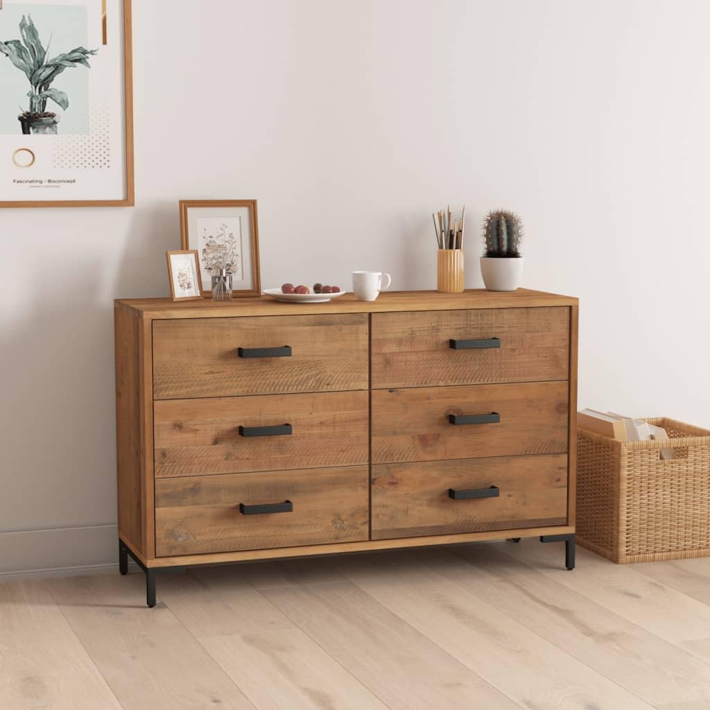 Aparador marrón 110 x 35 x 70 cm de madera maciza de pino reciclado, aparador vintage con 6 cajones, armario estable para salón, comedor y cocina