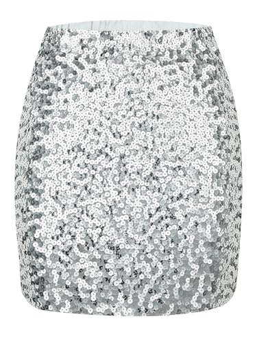 Shestellar Sequin Skirt Women's Party Stretchy Sparkle Glitter Mini Skirt for Club Night Out Silver S