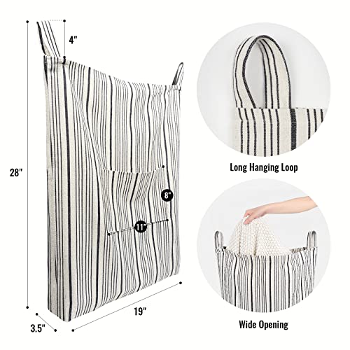 Bolsa de lavandería de lino para puerta con rayas beige y negras 5