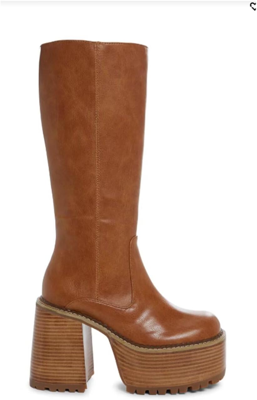 Women’s Knee High Platform Boots, Faux Leather Chunky Heel Tall Boots with Lug Sole, Fashion Pull-On High Heel Boots