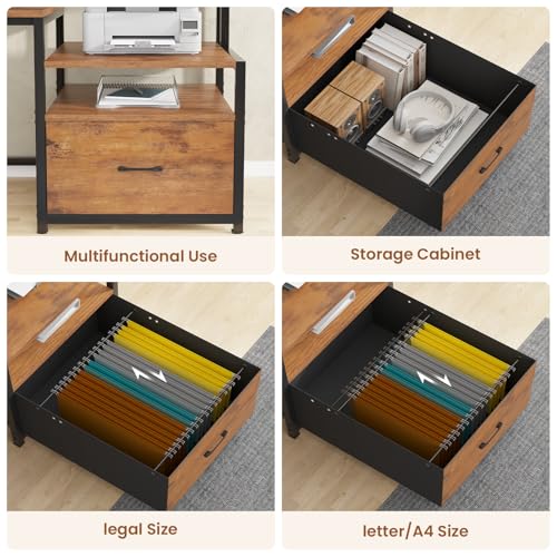 Image of SEDETA Home Office Desk with File Drawer & Power Outlet, 66'' Computer Desk with 5 Drawer, Storage Shelves, Printer Cabinet and Monitor Shelf, Gaming Desk with Led Lights, Rustic Brown