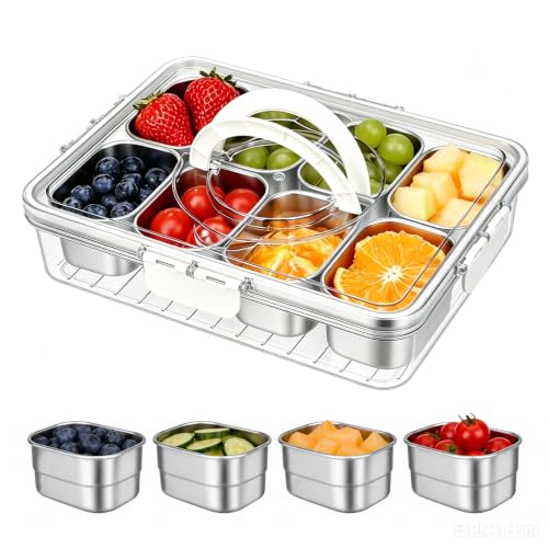 ZgoEC Snack Box mit 8 Fächern aus Edelstahl Tragbar Snackschale mit Deckel und Griff Snackteller Organizer Plastik BPA Frei Snackbox für Obst Gemüse Kekse Nüsse Snackdose für Picknick Party
