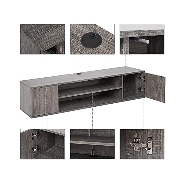 Meerveil Floating TV Unit, Wall Mounted TV Cabinet with 2 Shelves and 2 Push to Open Doors Rustic Industrial for Living Room, 140x32x30 cm Grey - Image 4