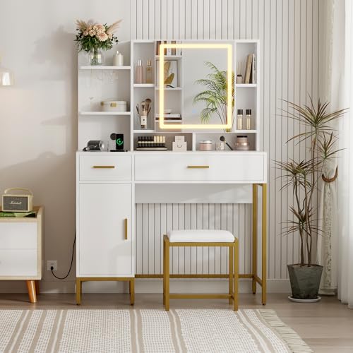 GarveeHome Makeup Vanity Desk with Lights in 3 Colors, White Vanity Table with Charging Station, Visible Drawers