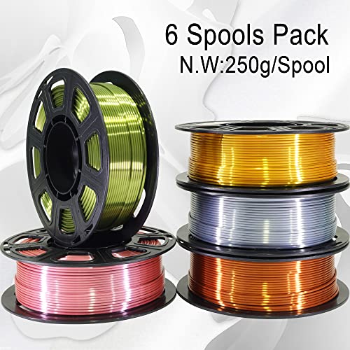 Image of 1.75mm Silk PLA Filament 5 in 1 Bundle Pack, 5 Silk Metallic Shiny Colors: Gold /Silver /Copper /Bronze /Rose Gold, Each Spool 250g, 5 Spools, Total 1.25Kg 3D Printing Material, 250g x 5 Spools