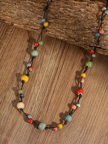 MINACHI Hippie Bohemian Colorful Ceramic Bead Long Strand Necklace, Boho Hippie Beach Summer Statement Jewelry Gift for Women2