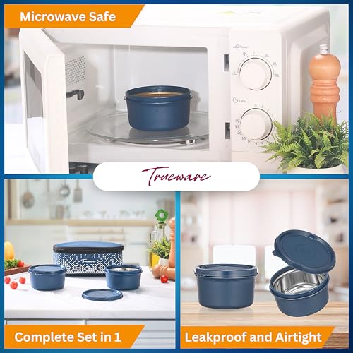 Image of Trueware Omaga Lunch Box with Insulated Fabric Jacket, 2 Microwave Safe & Leak Proof Inner Stainless Steel Containers 400ml Each Tiffin for Office, College