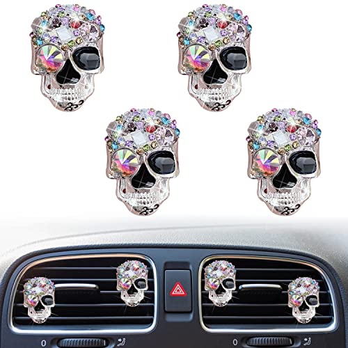 Bling Skull Air Vent Clips, 4 Pcs Crystal Skull Car Air Fresheners Vent Clips Car Diffuser Vent Clip Rhinestone Diamond Decoration Cute Interior Decor Bling Accessories for Women