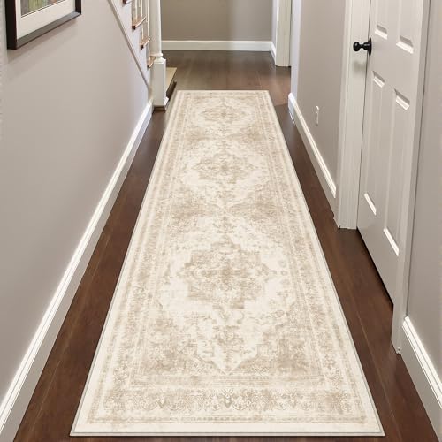 HUGEAR Vintage Creme Waschbarer Teppich 60x240cm LäUfer Flur rutschfest Weich Vorzimmer Tepich Kurzflor Schlafzimmer Retroteppiche KüChe Bedroom Br�
