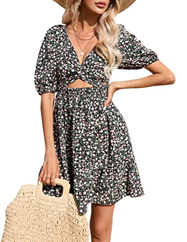 KOJOOIN Damen Sommerkleid Kurz Gesmoktes Kleid V-Ausschnitt Minikleid...