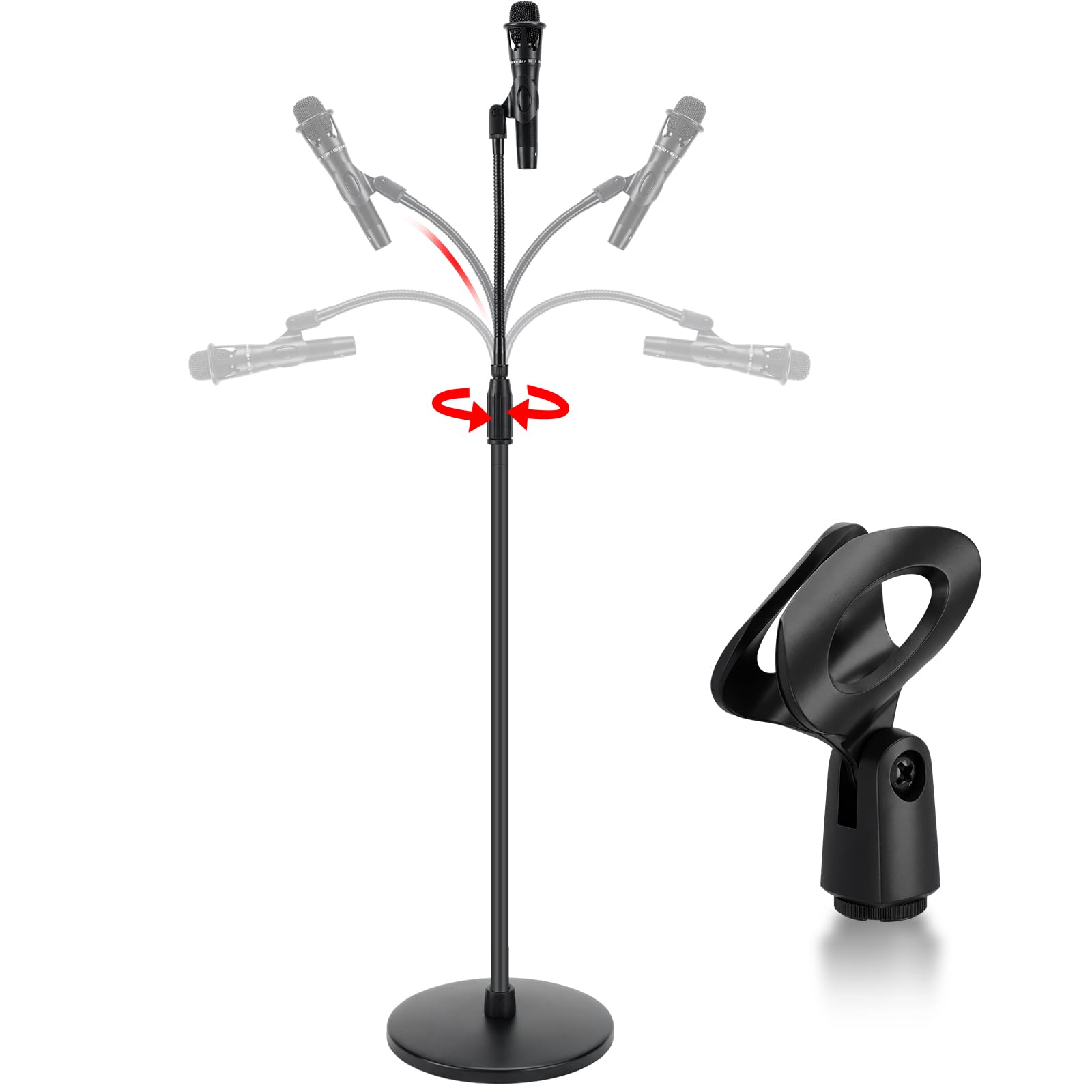 DoubleFill Asta per microfono con una mano con base rotonda pesante e staccabile a collo d'oca, regolazione dell'altezza, supporto telescopico per microfono per canto, concerti