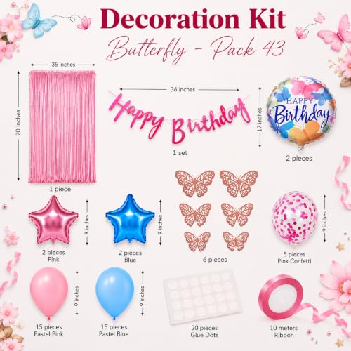 Image of AMFIN (Pack of 43) Butterfly Theme Birthday Decoration Kit Metallic Finish Women Girls Item Pink Blue Rainbow Flower