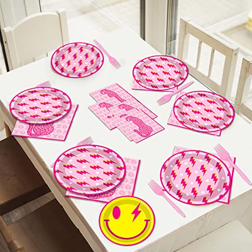 Image of 100 Pcs Preppy Party Plates Napkins Forks Supplies Set Smile Face Disposable Tableware Smile Face Paper Birthday Plates Dinnerware Y2K Girl Bachelorette Party Decoration Favors Serves 25
