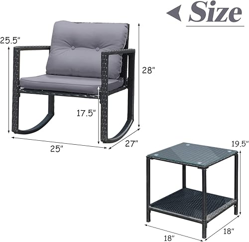 Miniatura 2 de COSTWAY Juego de muebles de ratán de patio de 3 piezas, sillas mecedoras acolchadas, color gris