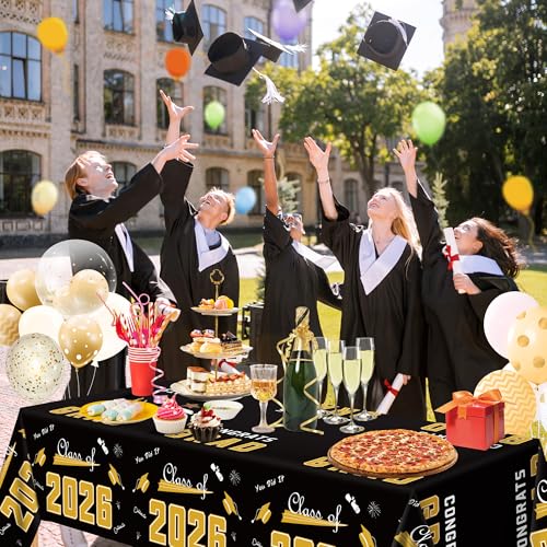 Image of OHOME Graduation Decorations 2026 2027- 𝐒𝐇𝐎𝐏 𝐀𝐋𝐋 𝐆𝐑𝐀𝐃 𝐃𝐄𝐂𝐎𝐑 →𝟕𝟎% 𝐎𝐅𝐅 Disposable Plastic Black and Gold Tablecloth for Class of 2026 Decorations Party Favors Banner,54 inch X 108 inch,2Pcs