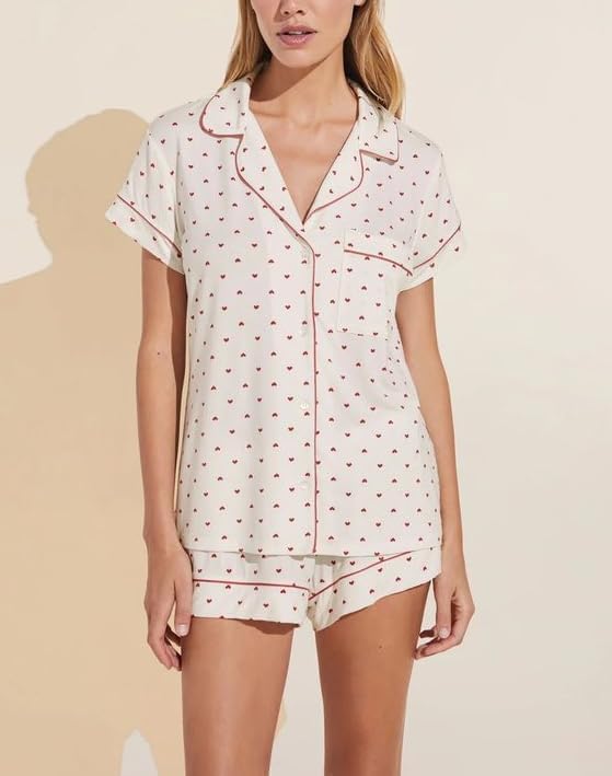 Image of Seyurigaoka Womens Heart Print Pajamas Shorts Set Short Sleeve Sleepwear Loungewear Button-Down 2 Piece Pjs Set