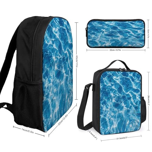 Printed Backpack With Lunch Pack Storage Box Case Blue Water Ripples 3pcs Lightweight Travel Backpack2
