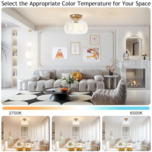 Semi Flush Mount Ceiling Light Fixture, 11" Vintage Gold Hallway Lights Fixture Ceiling with Clear Glass for Kitchen, Hallway, Bathroom and Entry Way,Compatible with E26 Light Bulb