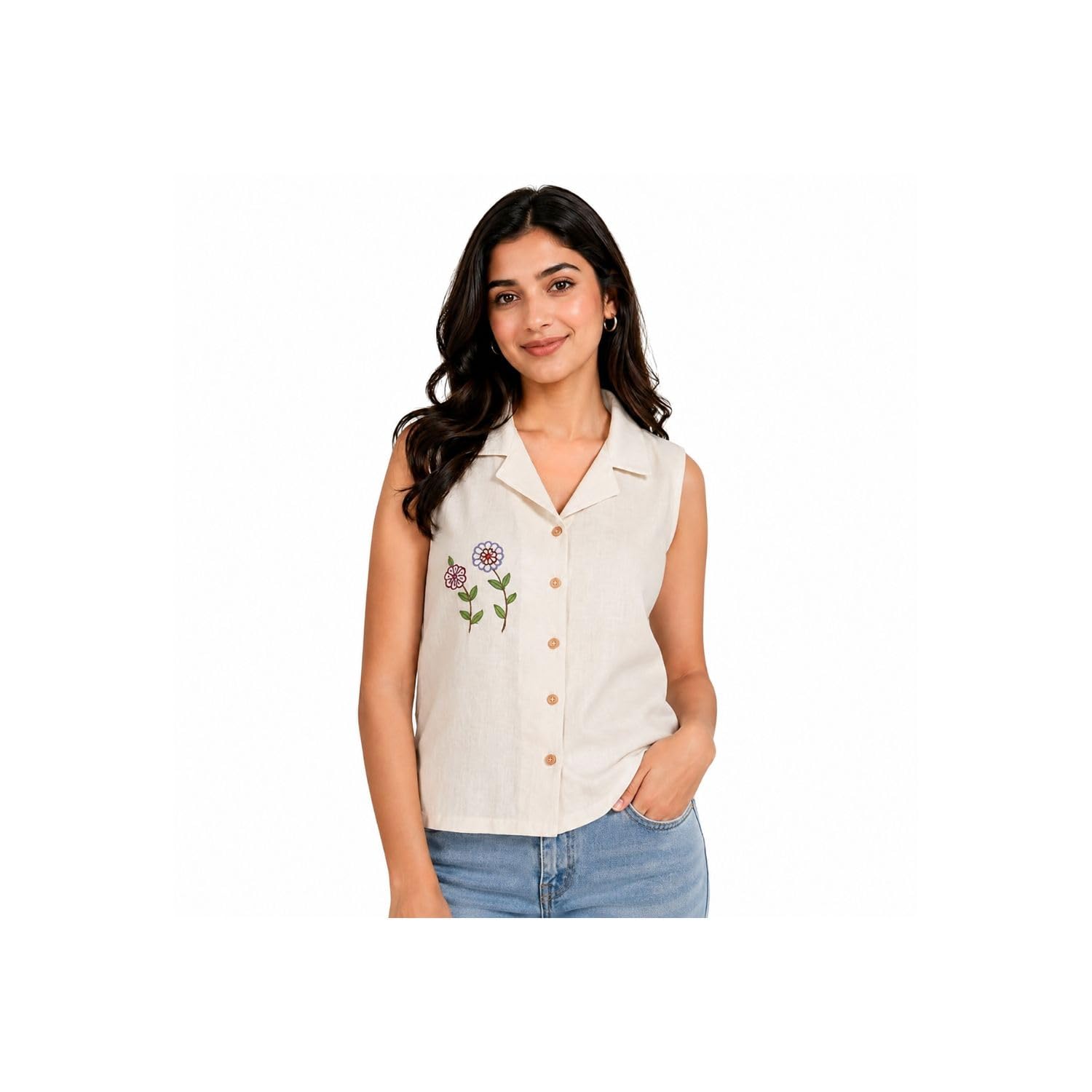 Women's Cotton Linen Sleeveless Embroidered Shirt | Floral Embroidery Button-Down Collared Casual Summer Top | Regular Fit-image-25