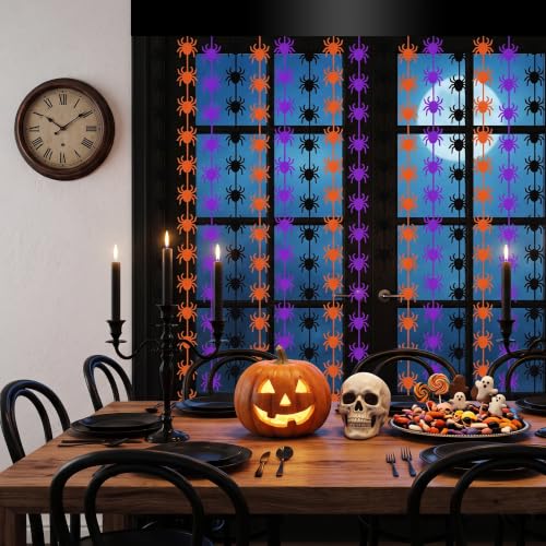 Image of TONIFUL 2Pcs Black Orange Purple Spider Cutout Metallic Foil Fringe Curtain | 3.3ftx6.6ft Photo Booth Backdrop Door Tinsel Streamers Curtains, Props for Halloween Birthday Haunted House Party Decorations
