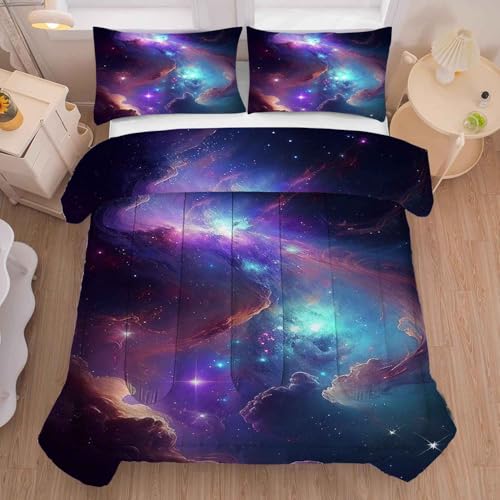 FUYEUN Galaxy Bedding Set Twin Size Blue Purple Outer Space Comforter Sets for Girls Boys Kids Teens Women Starry Glitter Nebula Quilt 1 Comforter + 1 Pillow Case