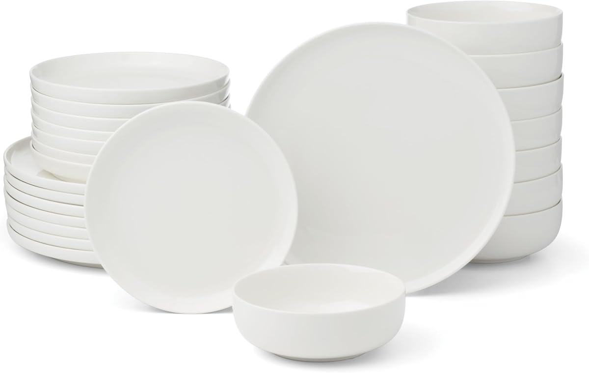 Oneida 24 Seven White Porcelain 24-Piece Dinnerware Set for 8 | ceramic, dishwasher safe | plates and bowls sets for kitchen and dining | 10.25 inch plate, dish set