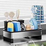 Ewaiira Stainless Steel Sink Caddy, Sponge Holder for Kitchen Sink with Brush Holder and Towel Rack, Sink Organizer for Countertop, Soap Dispenser Kitchen Organizers Storage Essentials (A-Black)