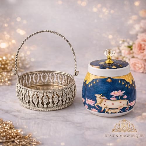 Image of German Silver Metal Basket with Pichwai Jars - Baby Shower Wedding Return Gift Hamper Basket for Dry Fruits, Nuts, Chocolates & Festive Gifting Diwali Puja