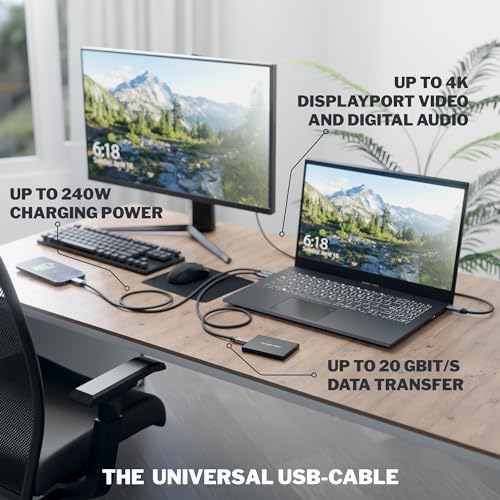 KabelDirekt – Cable USB-C Todo en Uno, USB 3.2 Gen 2, Conectores Metálicos + Diseño Trenzado – 0,6m (20 Gbit/s para Datos/Video, Carga Rápida 240 W, Cable Universal para Datos/Carga/Monitor, Negro) - imagen 6