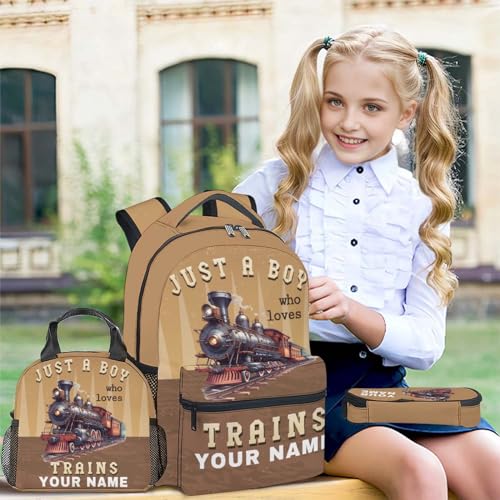 Custom School Backpack with Lunch Box Set for Kids, 3 in 1 Train Backpacks Matching Combo, Funny Brown Bookbag and Pencil Case Bundle3