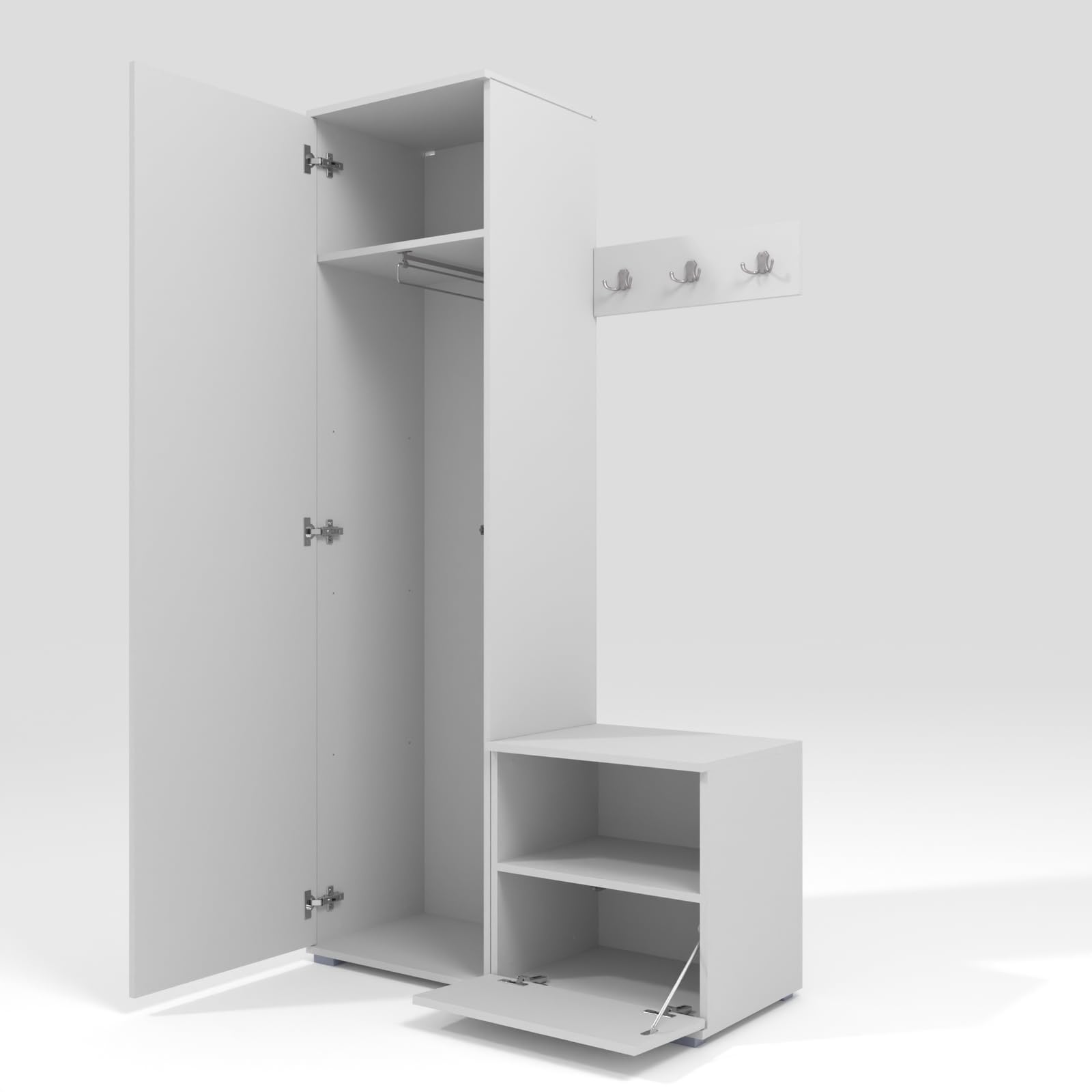 RAVIO Flurgarderobe 100 cm mit Kleiderschrank & Spiegel, Garderobenset Flur mit Schuhschrank, Sitzbank, Garderobenpaneel, Wandpolster - Weiß/Creme