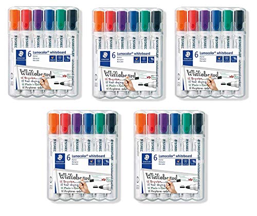 Staedtler Lumocolor 351 WP6 Whiteboard-Marker, Rundspitze ca. 2 mm Linienbreite, Set mit 6 Farben (5 Etui)