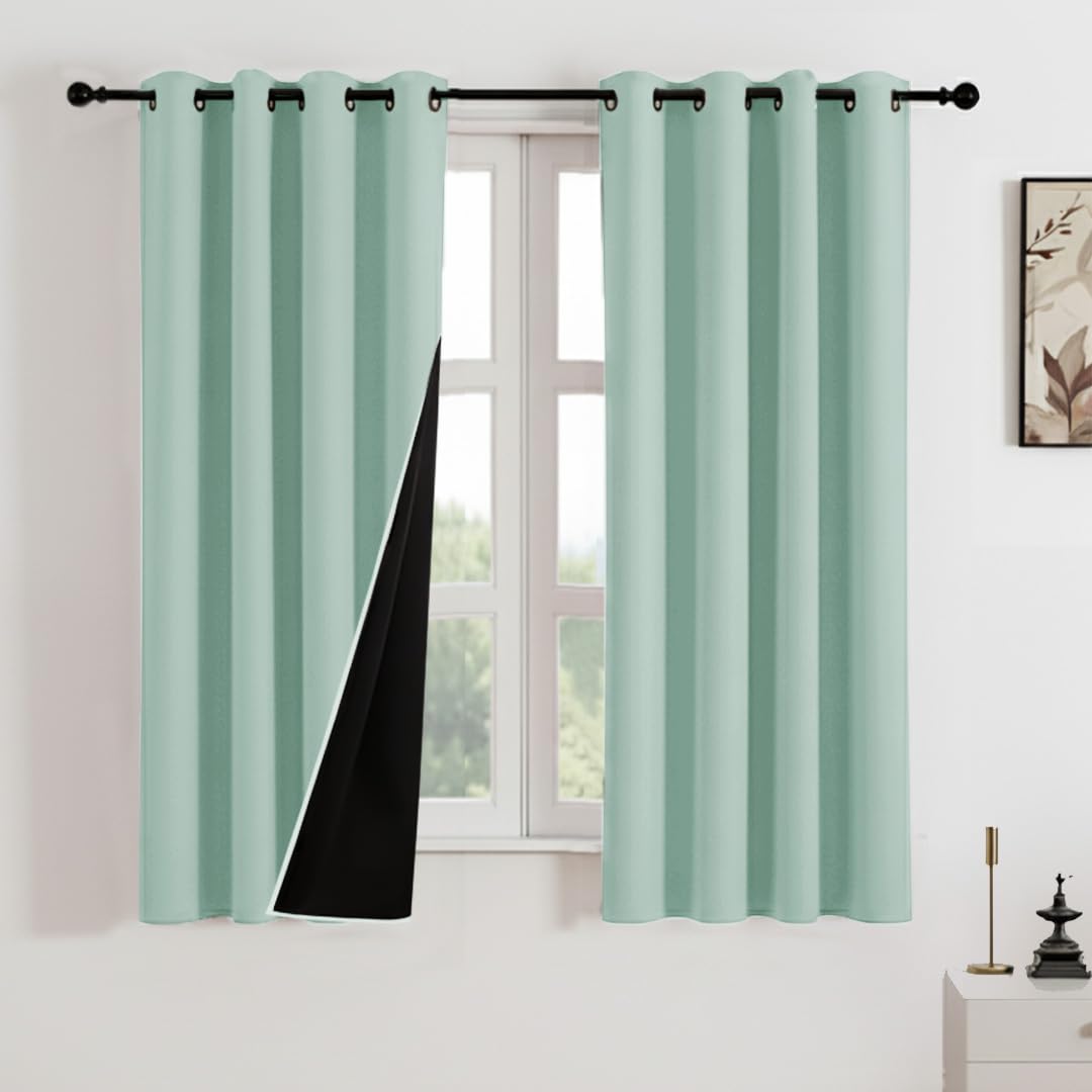 HOMEMONDE 100% True Blackout Curtains for Window 5 Feet Pack of 4 - Room Privacy Room Darkening Curtain with Eyelets, Heavy Faux Silk with Black Blacking - (60 Inch, Sage Green)