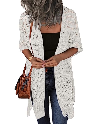 Image of HOTOUCH Womens Knit Cardigan Hollow Out Crochet Lightweight Kimonos Sweater | Open Front Cardigans with Tassel, Short Sleeve Boho Cardigan Sweaters, Beach Coverups, Spring Summer Clothes, Vacation Outfit