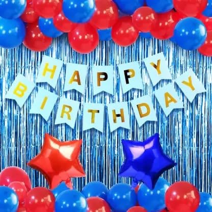 MIND BENDER Solid Happy Birthday Banner with Balloon 2 Shiny Fringe Foil Curtain Decoration Kit Blue, Red Balloon (Pack of 35)