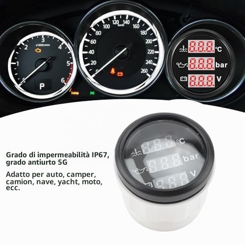 SIXRUN Strumento 3 in 1, Misuratore Digitale Temperatura Liquido Raffreddamento Pressione Olio Voltaggio, 52mm, 12V, Display Rosso, IP67, per Auto Barca Camion