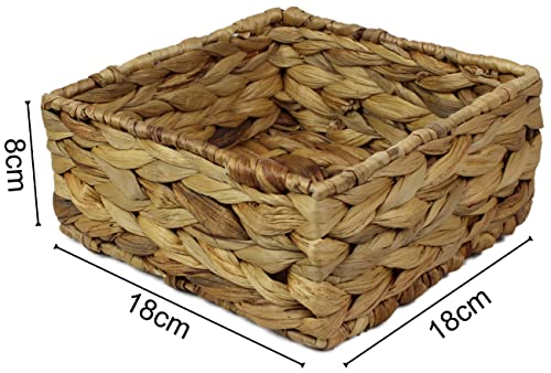 Small Square Water Hyacinth Storage Basket - Natural Wicker Shelf Organiser for Bathroom Makeup & Jewellery (Medium 18cm, 2 x Basket) - Image 3
