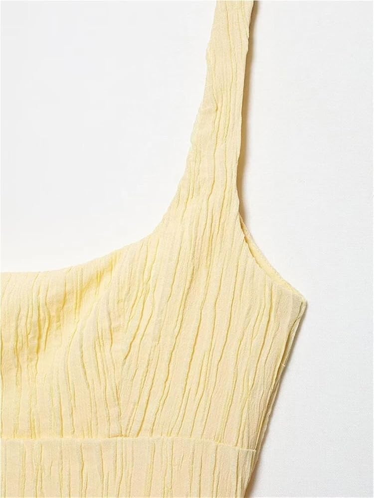 Open Back Textured Midi Dress Square Neck Straps Sleeveless Casual Summer Skirt for Women Elegant Slim Fit Outfit