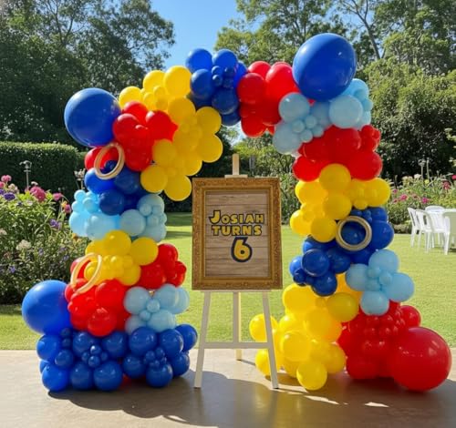Image of Cartoon Balloon Garland Arch Kit 171pcs with 4D Star Gold Long Balloons, Red Blue Yellow Balloons Arch Kit for Birthday Baby Shower Carnival Circus Hedgehog Super Hero Gamer Theme Party Decor