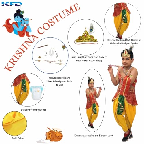 Image of Kaku Fancy Dresses Krishna Costume With Dhoti For Boy /Janmashtami /Bal Gopal Dress /Kanha Costume /Bal Krishna /Mythological Costume For Boy - Yellow-Red, 1-2 Years