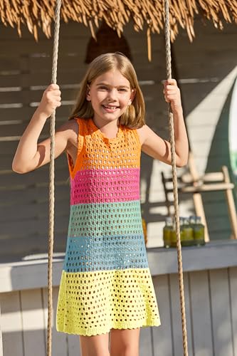 Image of Haloumoning Girls Color Block Crochet Knit Swim Cover up Kids Summer Sleeveless Beach Dress 5-14 Years