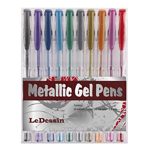 LeDessin Metallic Gel Pens Assorted colors 10-pc Set For Coloring Books, Card Making, Scrapbooking, Drawing, Doodles