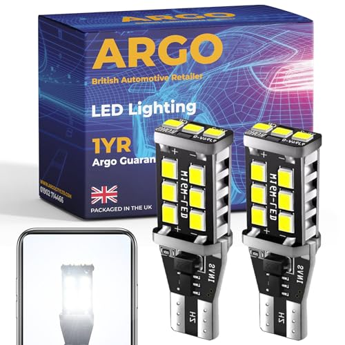 Argo W16W Led Bulb Xenon White 15 Smd Led Reverse Lights 12V Super Bright Halogen Upgrade Canbus Error Free T15 955 921 912 W16w Bulb Backup Car Van Reversing Bulb Lamp