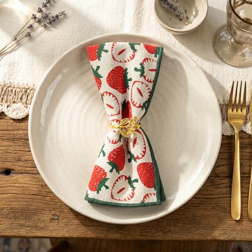 Image of R home Strawberry Print Cotton Napkins Set of 12 - 16x16 Inch (40x40 cm) | Soft Slub Cotton Dining & Cocktail Napkins | Reusable Machine Washable Cloth Napkins with Peko Borders