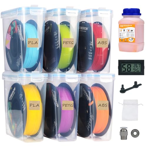 Image of Comgrow 3D Printer Filament Storage Box, 6PCS DIY Filament Container for 3D Printing Sealing and Protection, Portable Storage Box with Desiccants Thermo-Hygrometer and Bearings 4.0L(9.45 * 8 * 3in)