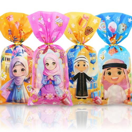 Eid Mubarak Zellophan-Leckerli schöne muslimische Ramadan-Dekorationen Cartoon-Druck Goodie-Tüten Süßigkeiten Zellophan Geschenktüten für Kinder Jungen Mädchen muslimische islamische Eid